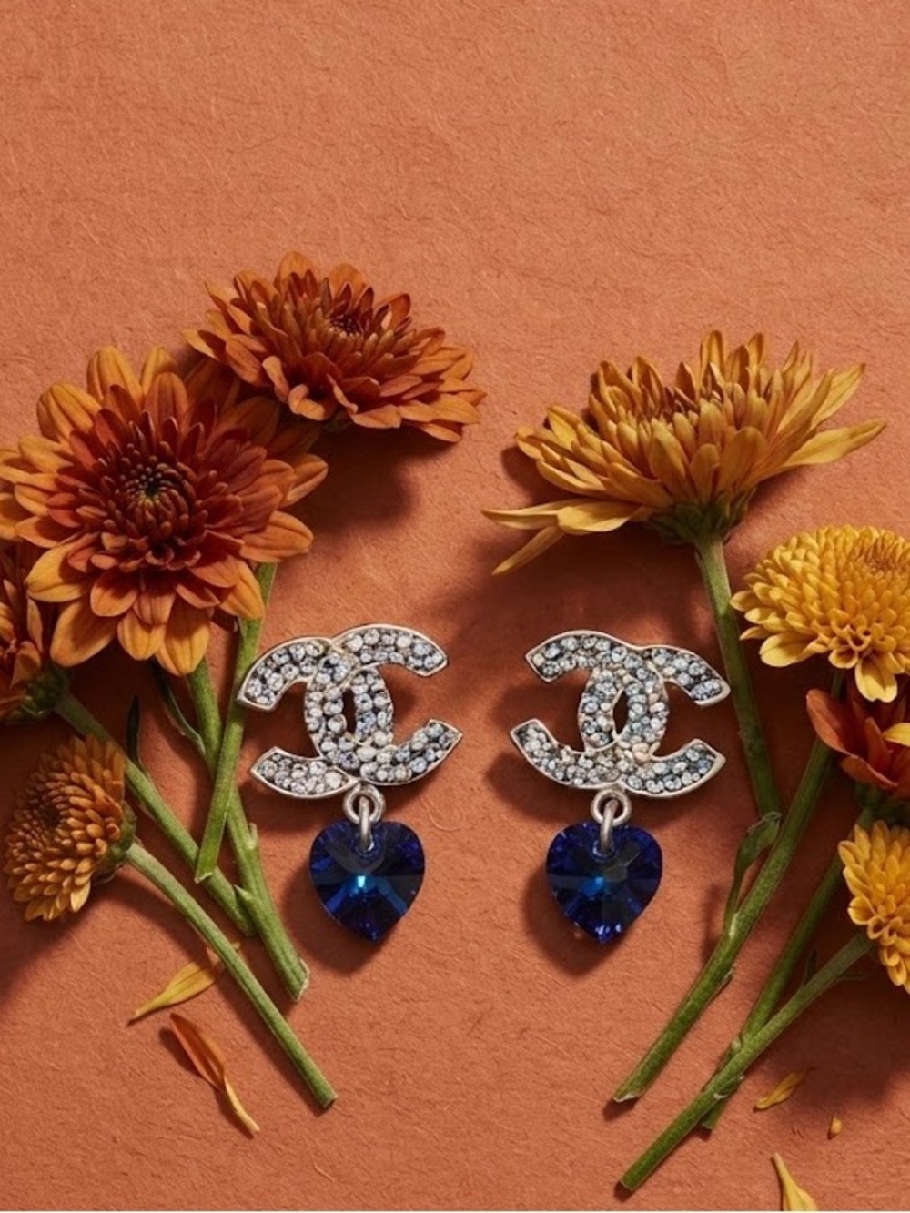 925 silver Crystal inspired Logo Drop Earrings with Blue Heart Charm